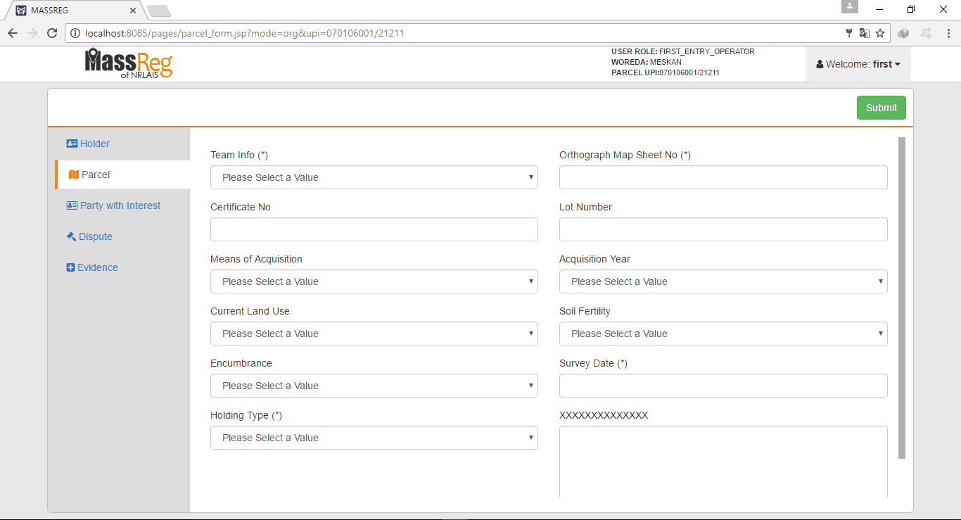 MASSREG web application parcel data-entry workspace