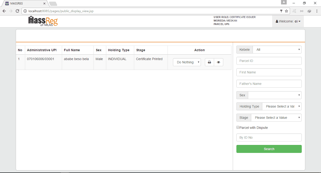 MASSREG web application public-display and certificate workflow screen