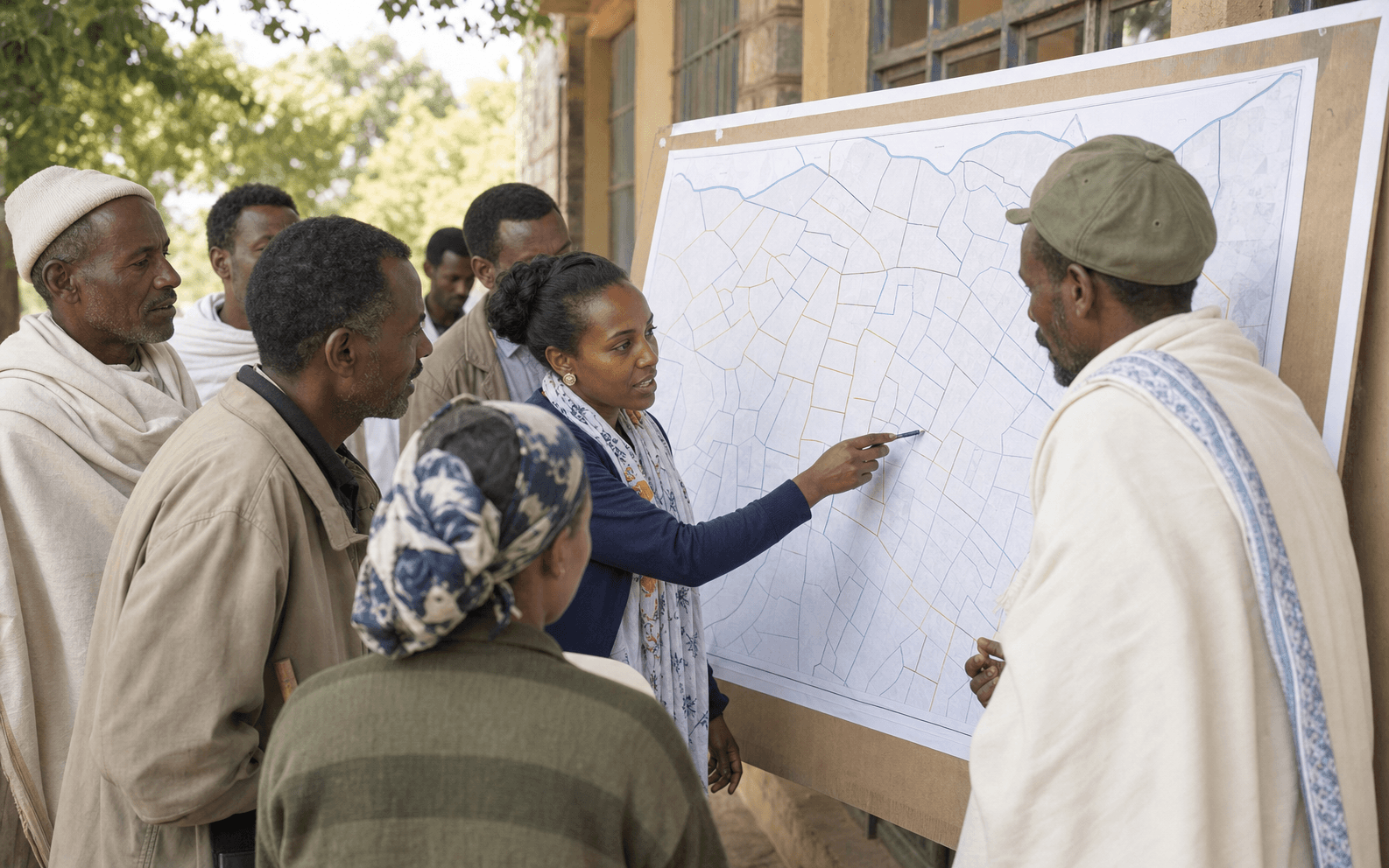 Ethiopian community reviewing parcel boundaries on a public display map