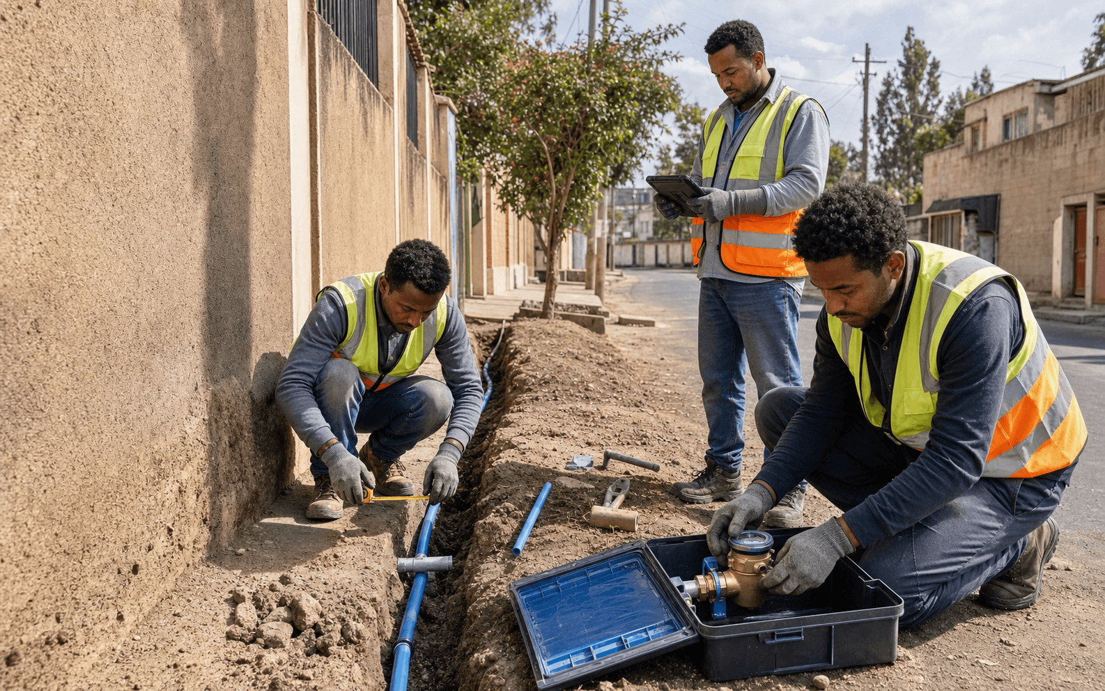 Ethiopian utility crew installing a new water service pipe and meter